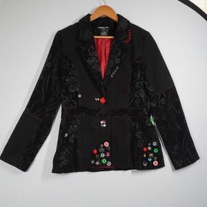 Neslay Paris Black Patchwork Floral Jacquard Blazer Velvet Buttons M Art to Wear